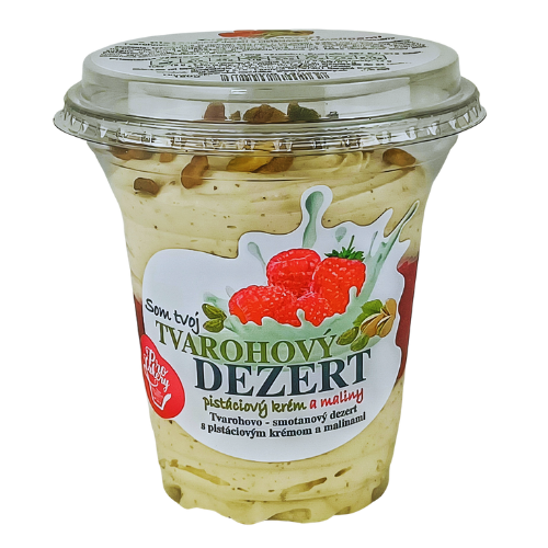 Tvarohový dezert s pistáciovým krémom a malinami