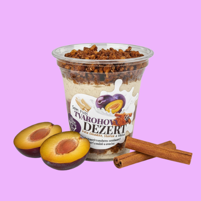 Tvarohový dezert s granolou– Biela čokoláda/Slivka/Škorica